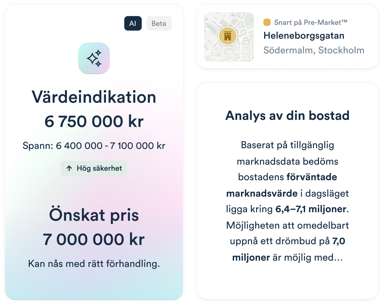 Värdeindikation med AI-driven analys och fastighetsinformation.